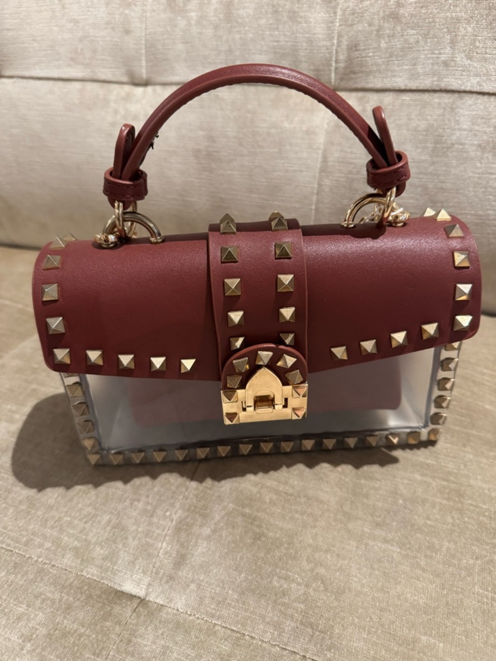 Studded Brown Clear-Panel Top-Handle Bag